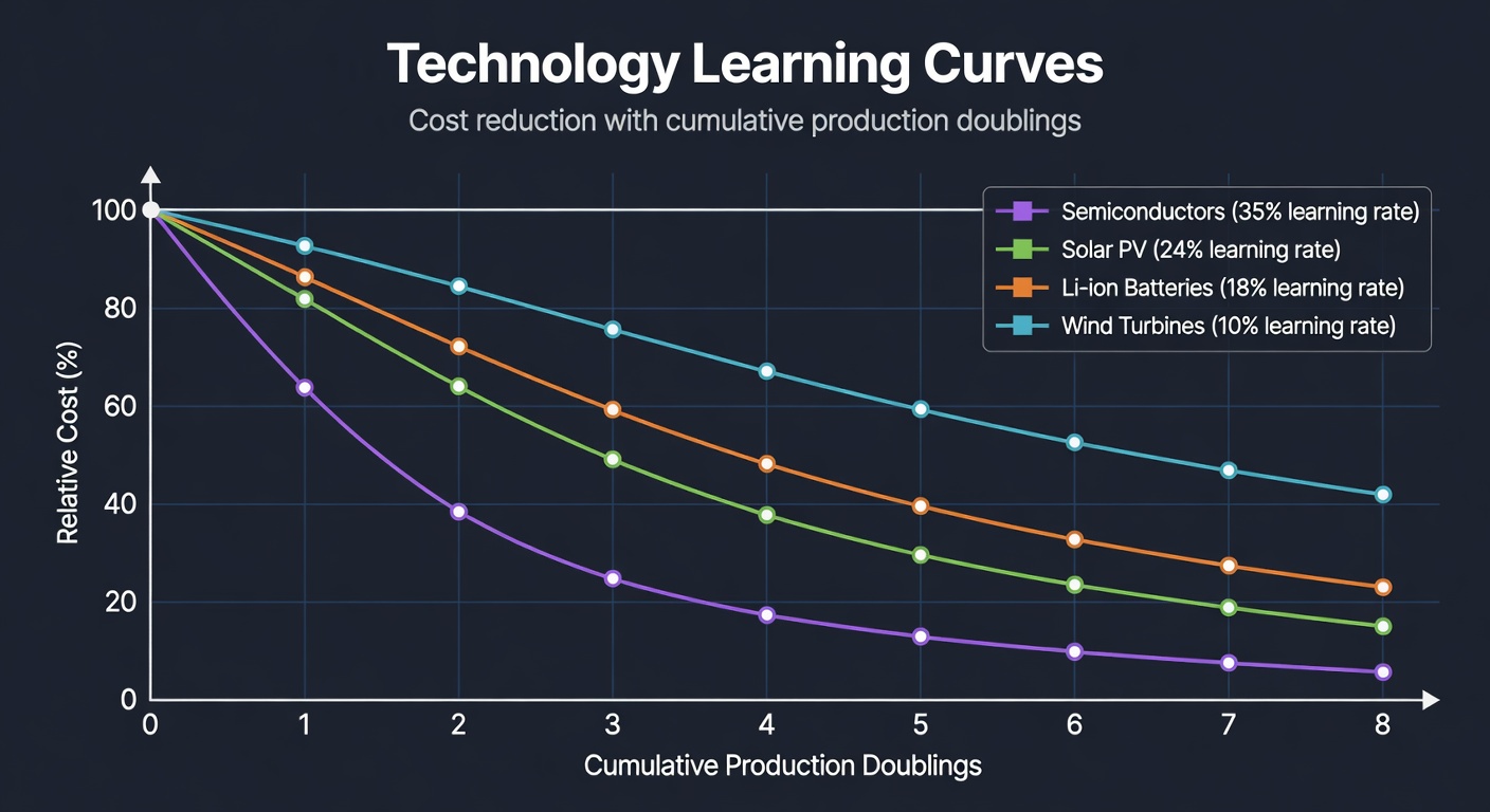 Technology Learning Curves: Cost Reduction per Production Doubling