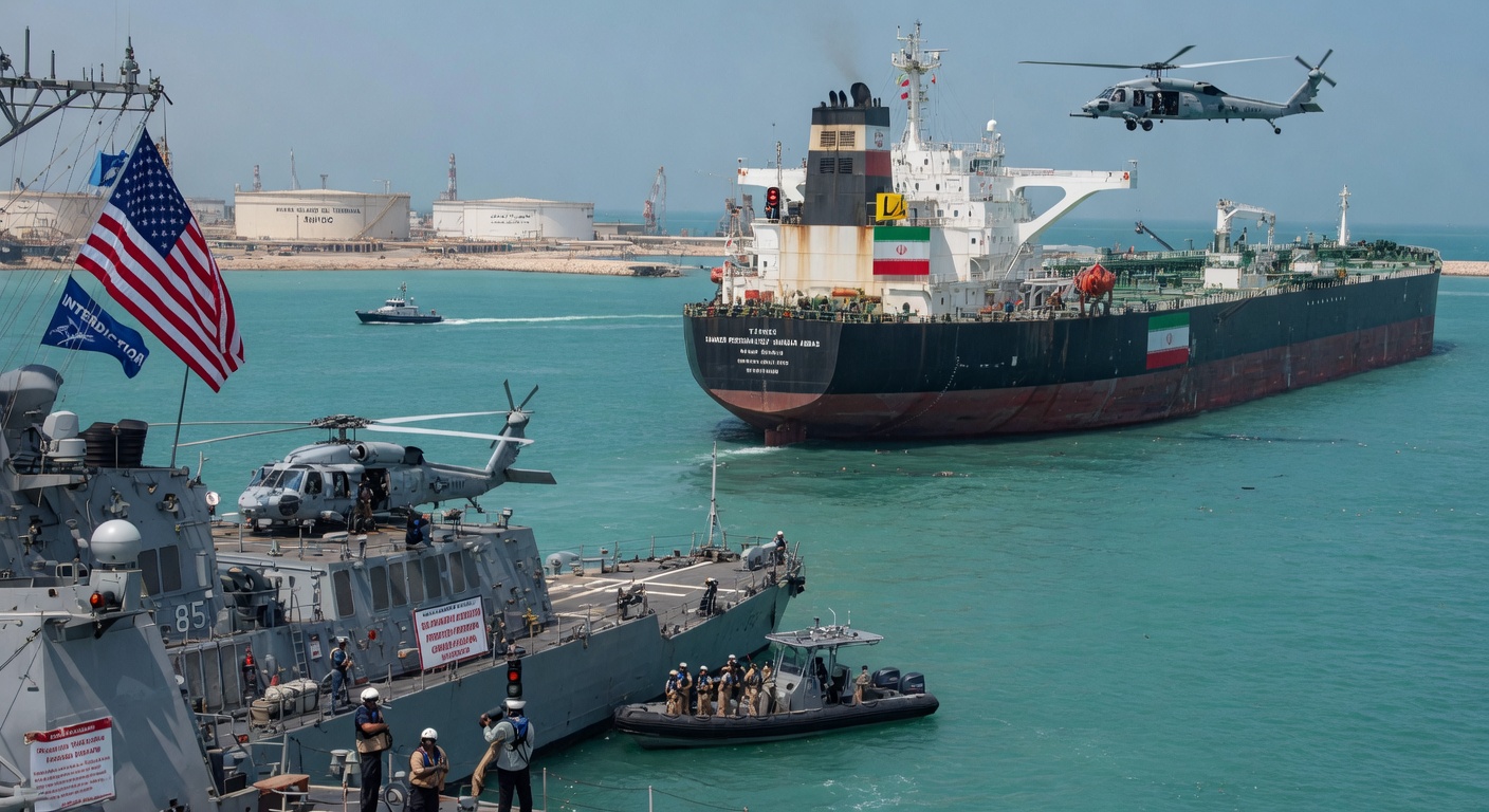 US Navy destroyer interdicting Iranian oil tanker during Gulf blockade