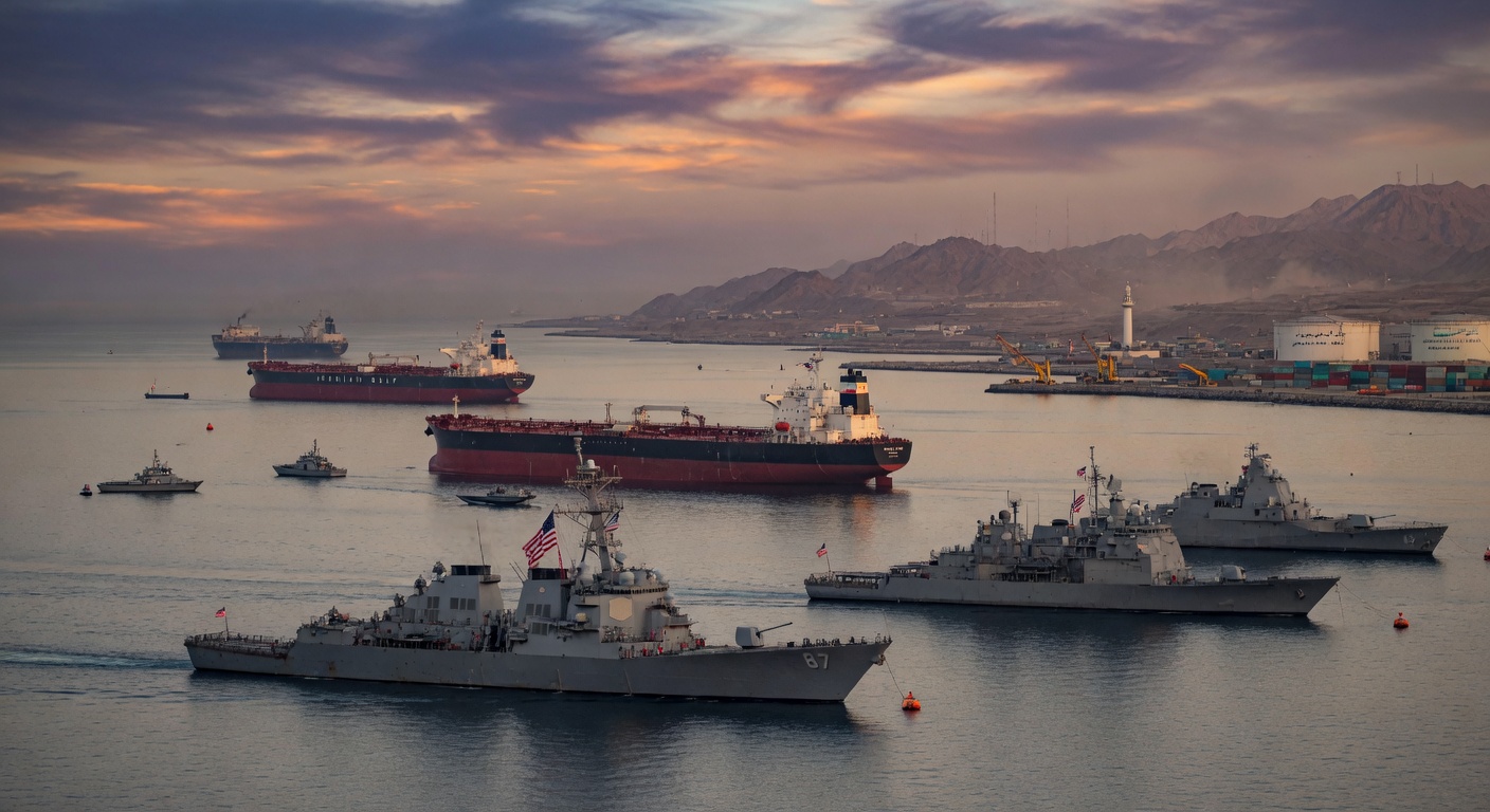 US Navy enforcing the strategic blockade in the Persian Gulf at twilight