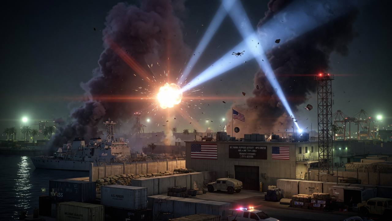 The Port of Shuaiba, Kuwait, moments after an Iranian drone strike killed six American soldiers