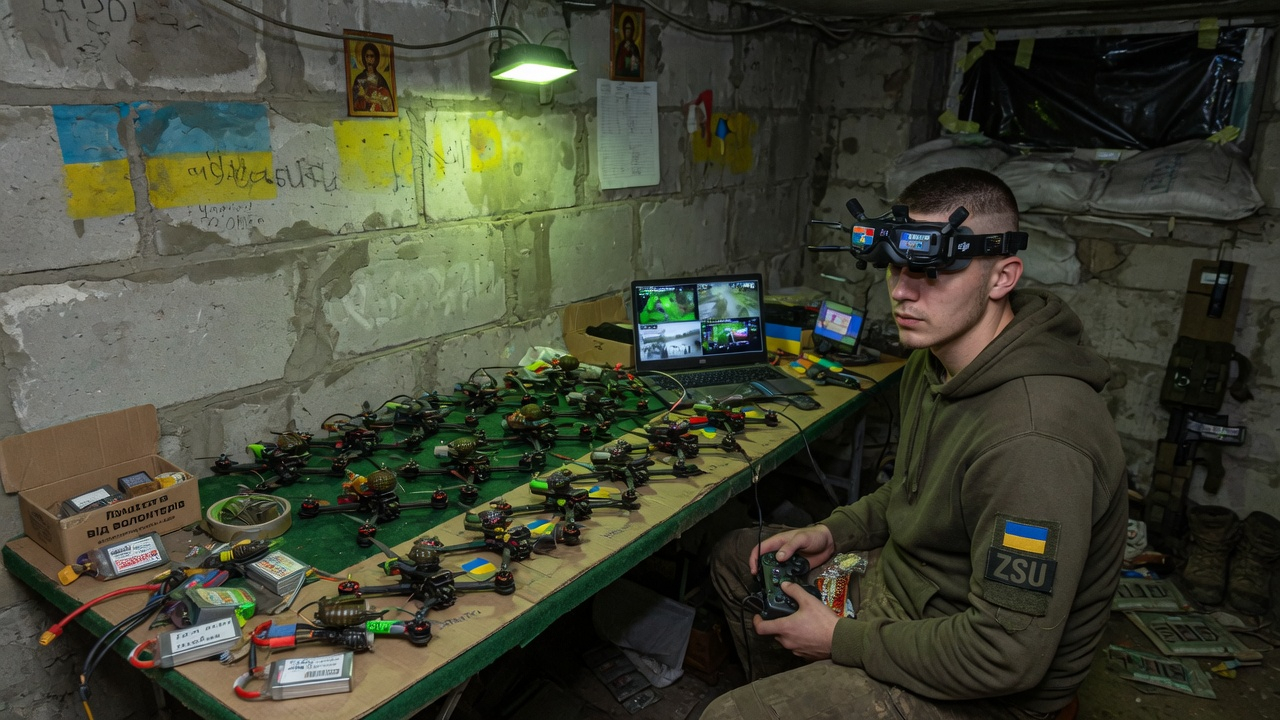 A Ukrainian FPV drone operator in a basement on the eastern front