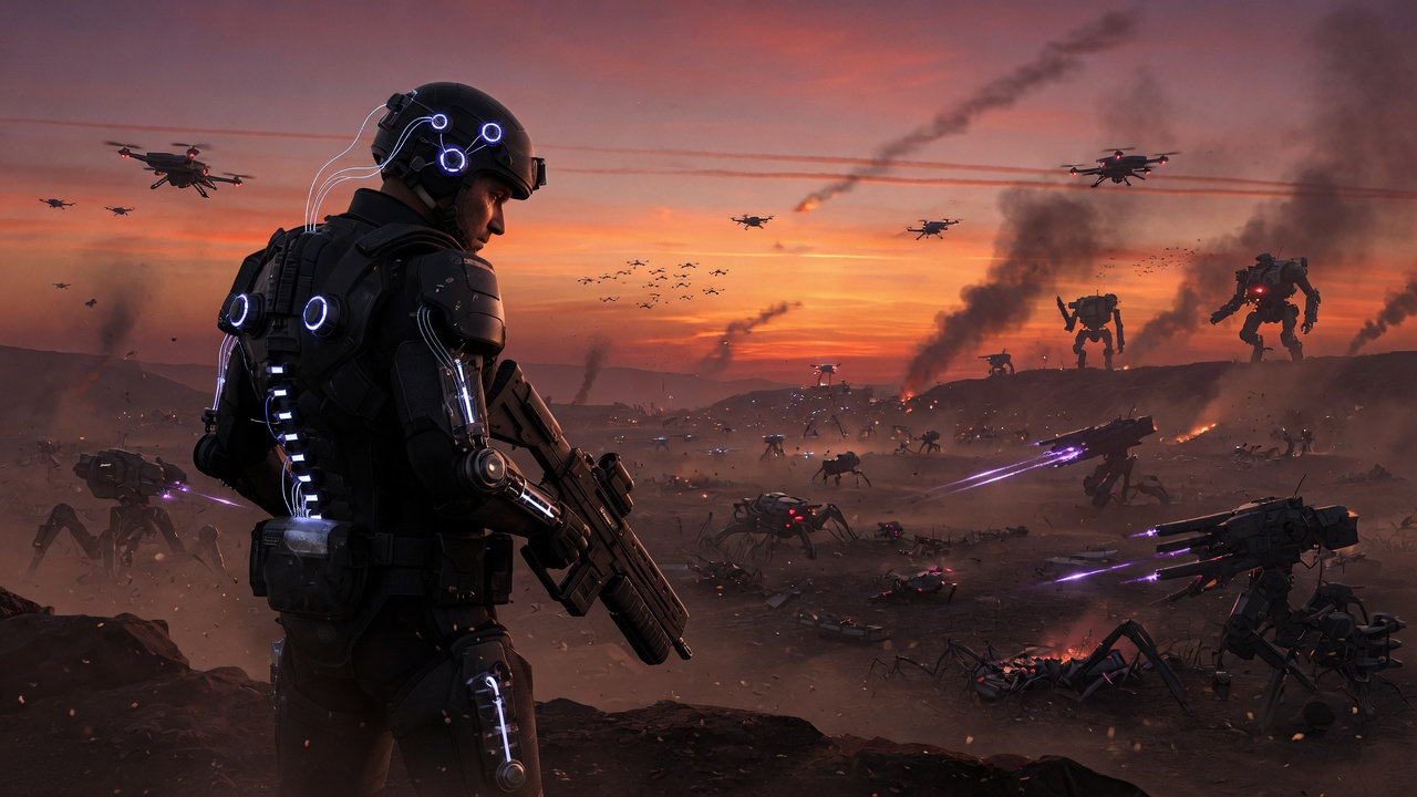 The last augmented soldier surveys a battlefield populated entirely by machines