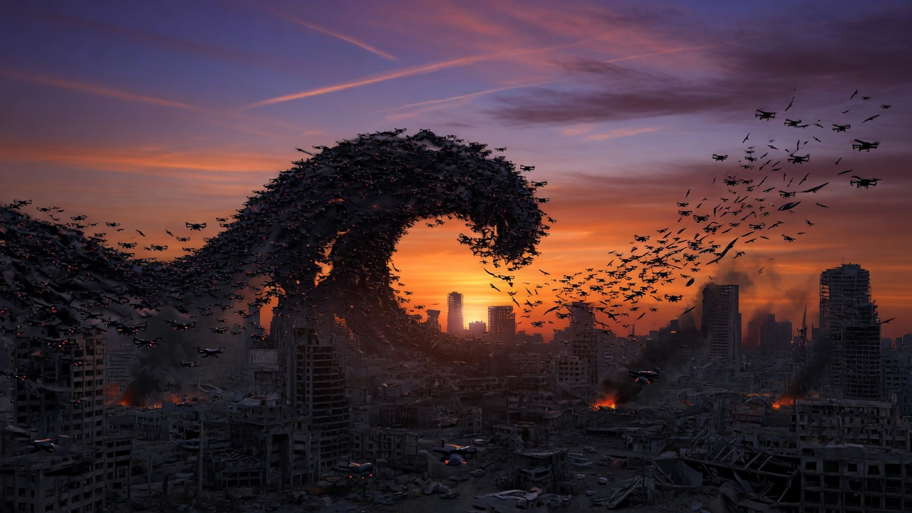 A drone swarm moving as a single organism over a destroyed cityscape