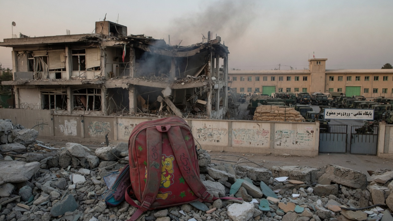 A child's backpack in the rubble of an Iranian school, the IRGC compound visible behind the wall
