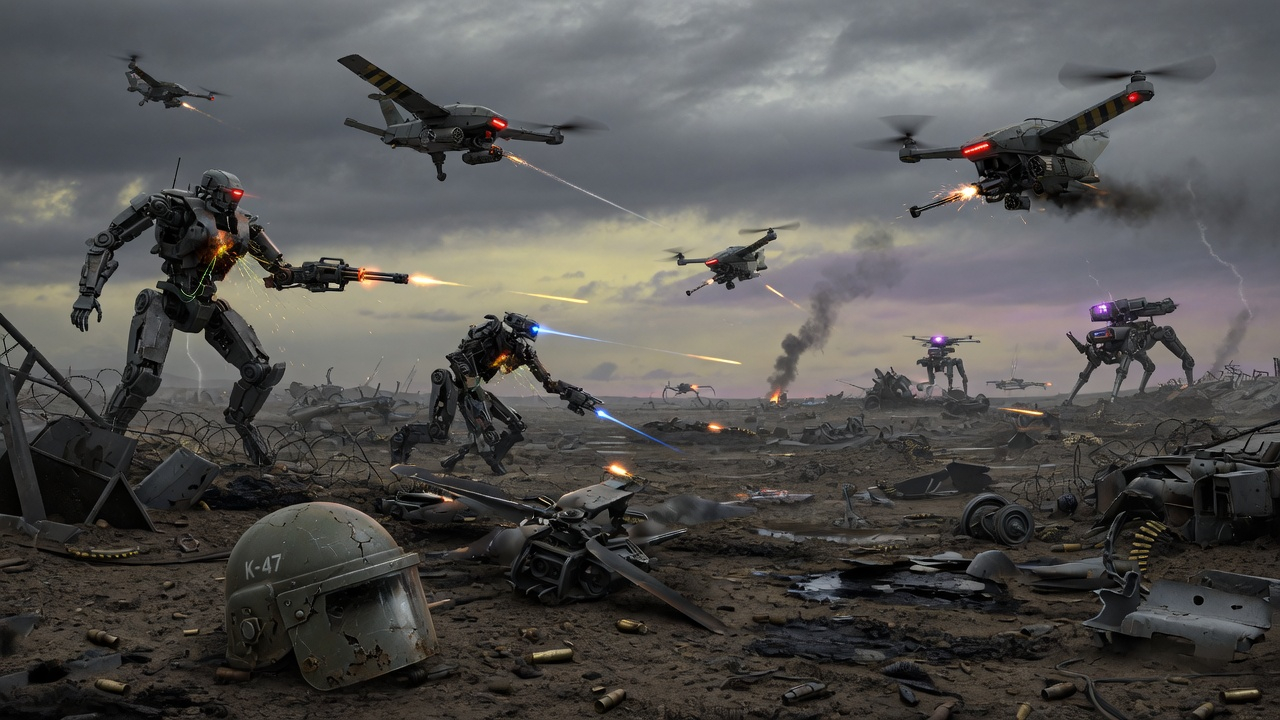 The post-soldier battlefield: machines fight machines, a lone abandoned helmet in the foreground