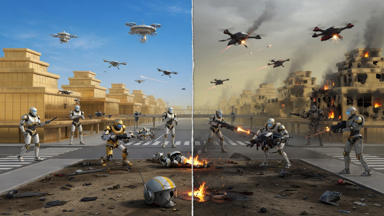 Two futures: peaceful guardians on the left, permanent robotic warfare on the right