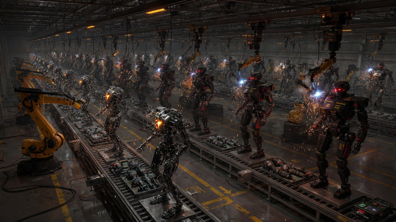 An automated factory producing thousands of combat robots on assembly lines, no humans visible