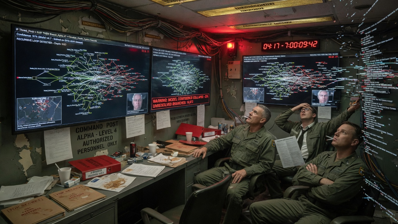 Military officers in a command bunker staring at AI decision trees too complex to comprehend, red warnings flashing