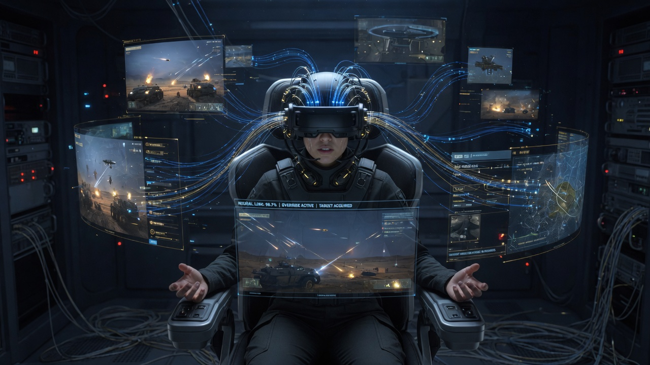 A military operator wearing a neural-interface headset, commanding a distant battlefield with thought alone
