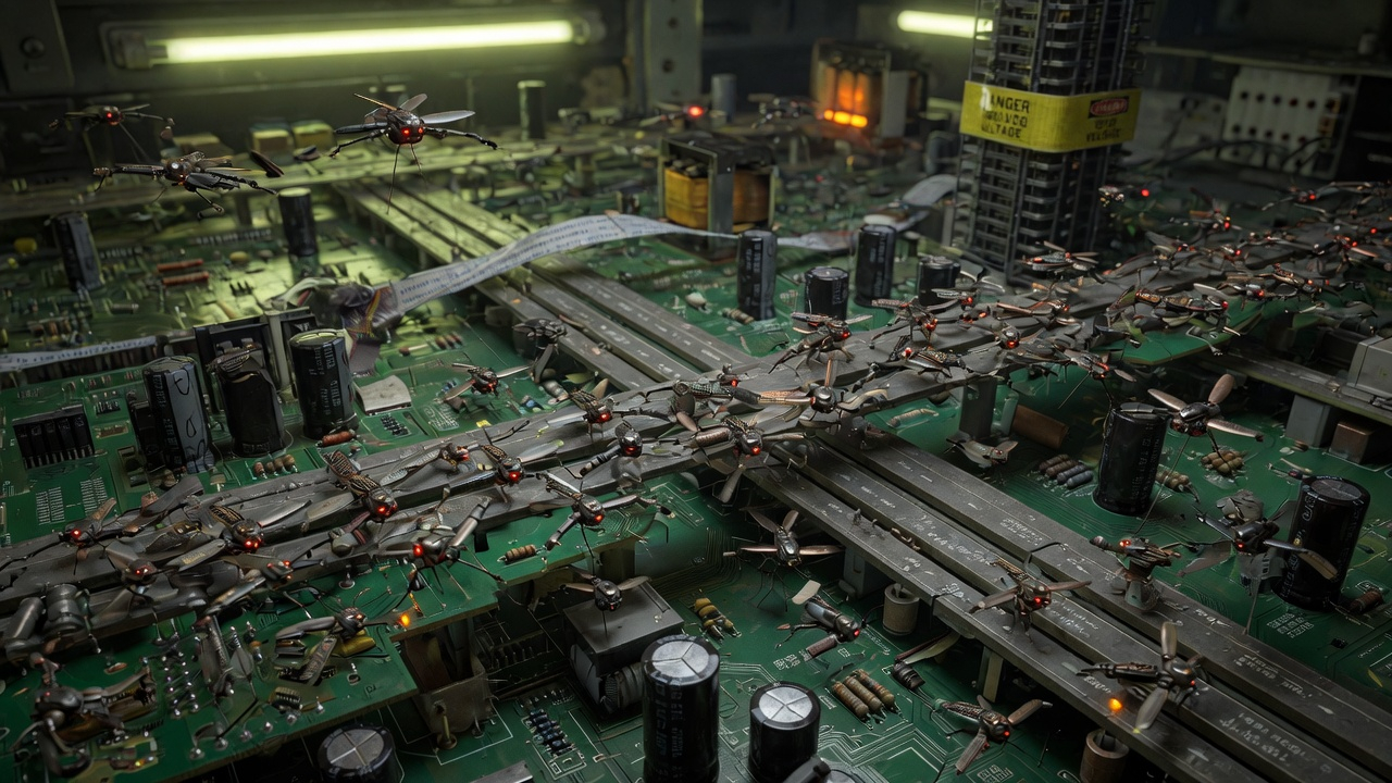 Microscopic mechanical drones crawling across a circuit board inside a power station, each smaller than a grain of rice