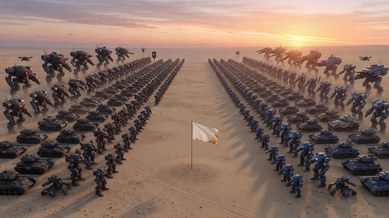 Two massive robotic armies facing each other across a desert at dawn, perfectly still, a white flag planted between them