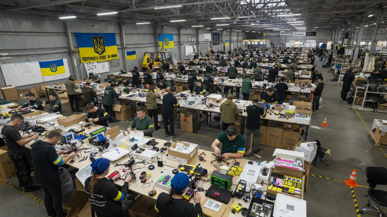 Inside a Ukrainian drone factory: hundreds of workers assembling FPV drones under Ukrainian flags