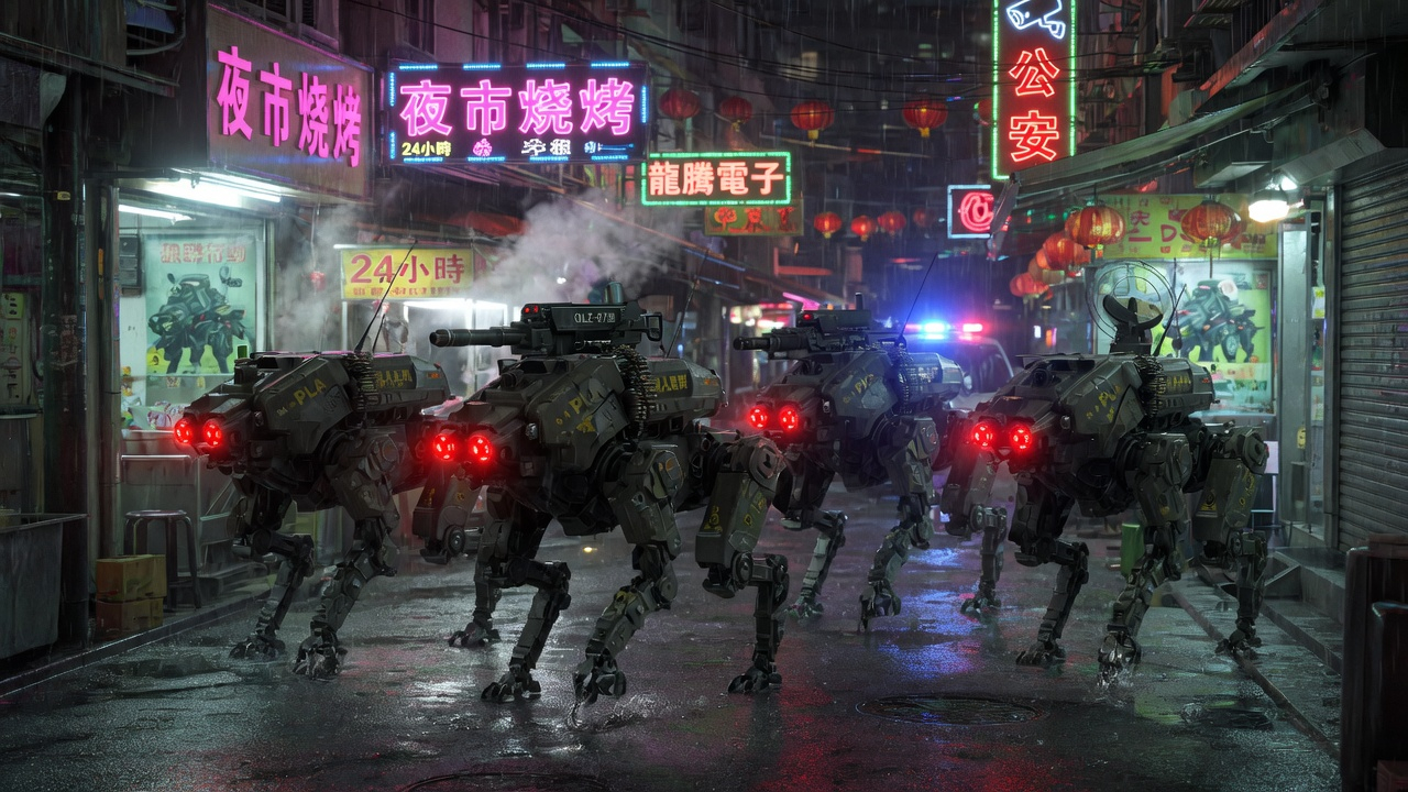 Chinese robotic wolf pack moving in tactical formation through an urban street at night, red sensor eyes glowing