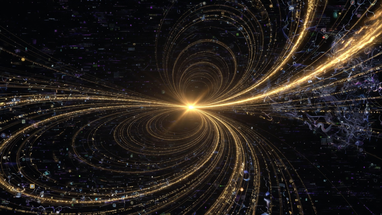 The Singularity visualized: a brilliant point of golden light with exponential curves radiating outward into darkness