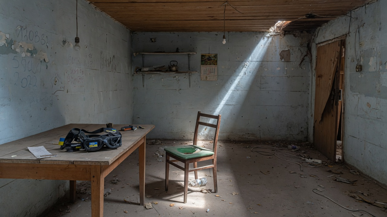 The same Ukrainian basement, now empty. Goggles on the table. A shaft of light falls on the abandoned chair.