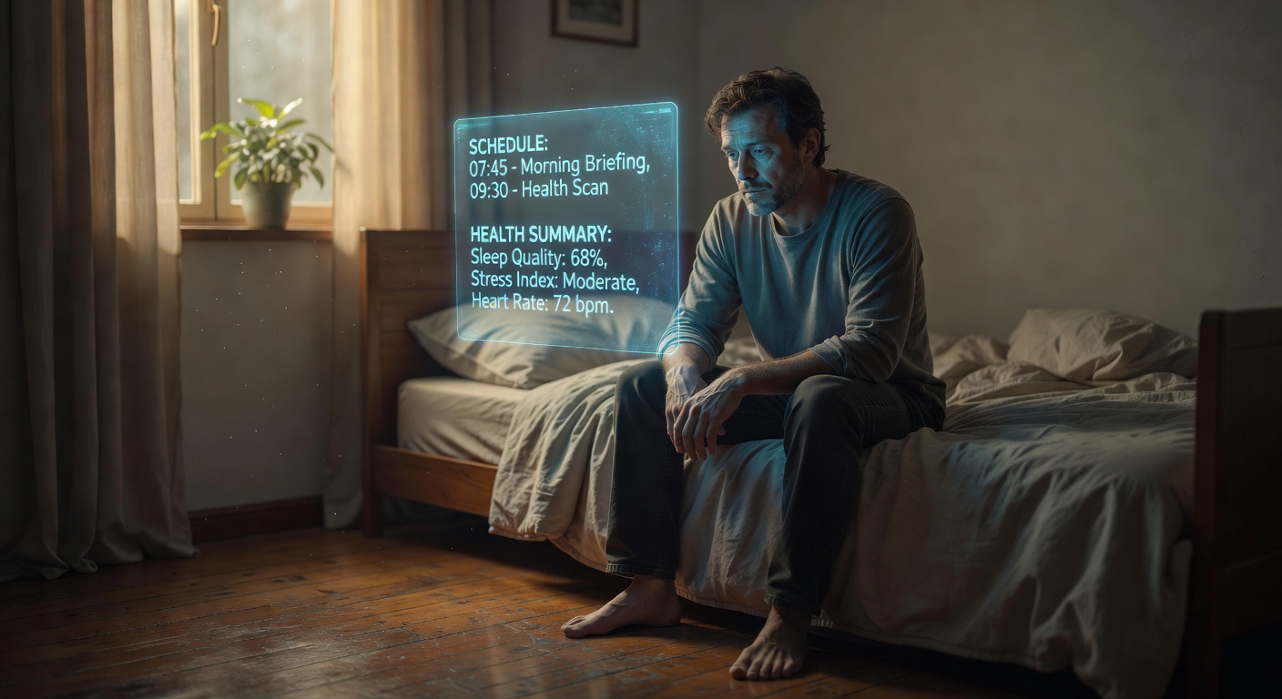 A man in his late 30s sits on the edge of the bed in soft morning light, 2032. A translucent holographic agent interface hovers beside him showing his day.