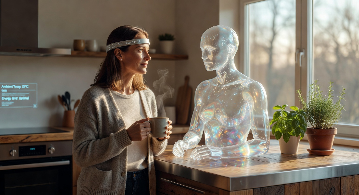 A woman in her mid-40s in a sunlit kitchen, 2048, with a calm semi-transparent AI companion. The scene feels warm and human despite the advanced technology.