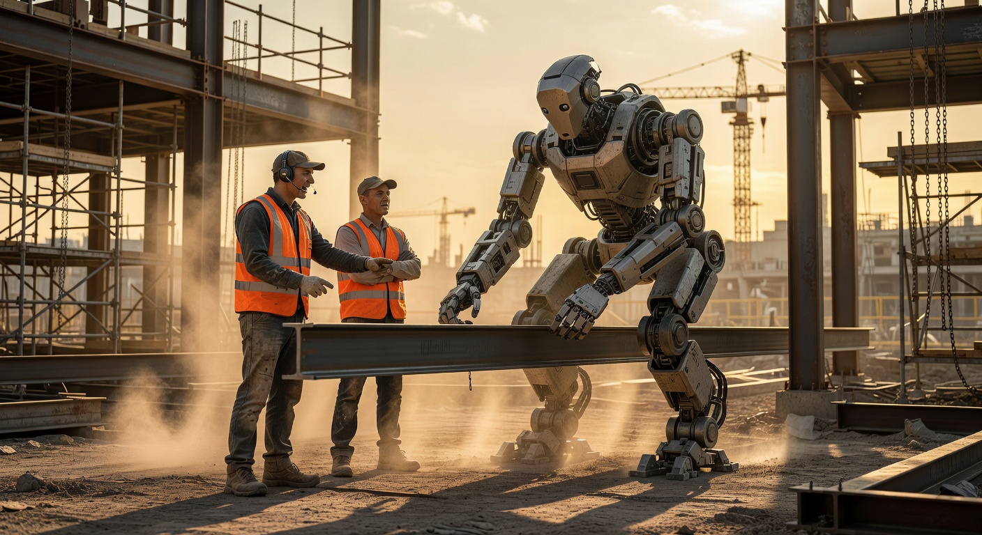 Hybrid construction teams of humans and general-purpose robots on a large site in the late 2030s, receiving natural language direction.