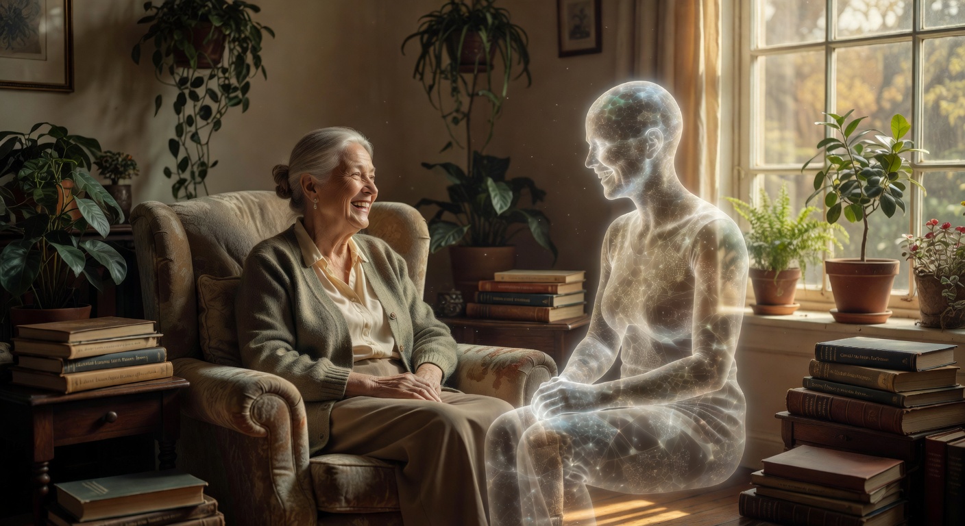 An elderly woman with a luminous, calm AI companion in a sunlit room, 2041. Companionship across decades of changing bodies and minds.