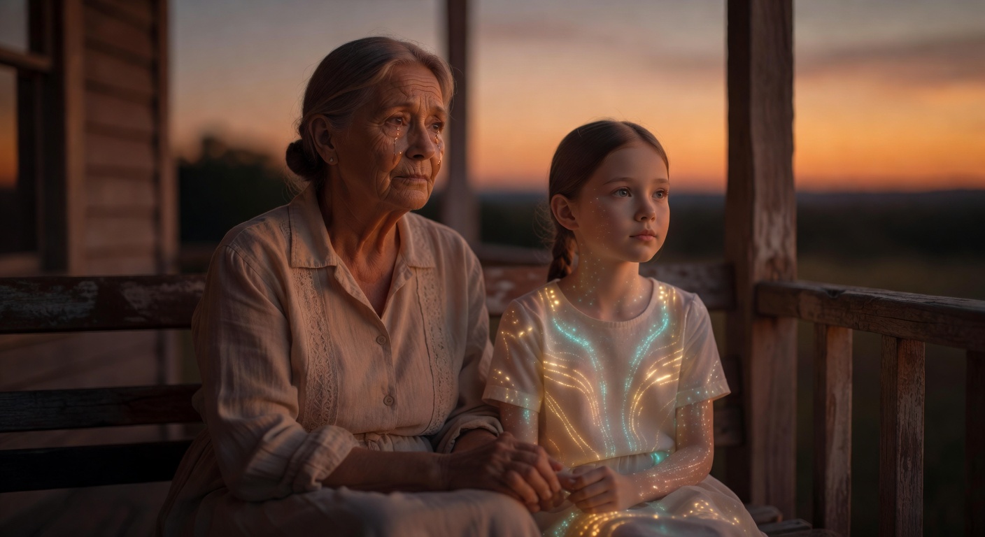 Biologically younger and older versions of the same woman on a porch, 2072. Two versions of the same person.