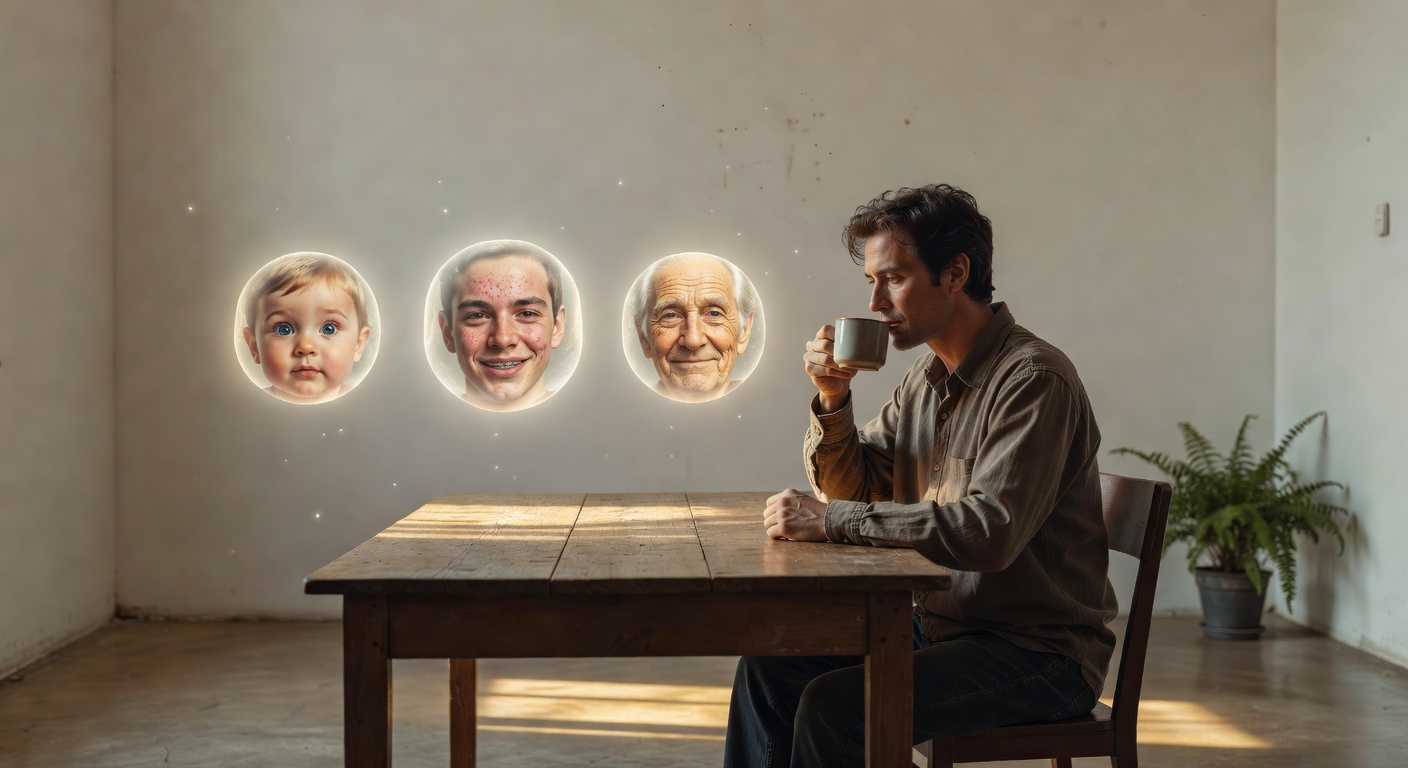 A person in 2068 who appears biologically young sits at a wooden table, calmly regarding three luminous orbs containing different versions of their own face.