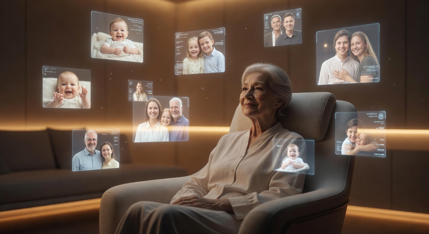 A chronologically old but biologically younger woman in 2058 surrounded by holographic projections of her descendants across many decades of different aging rates.