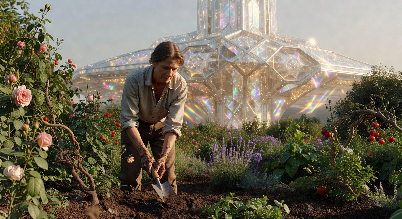 A person in 2070 tends a lush garden by hand with a physical trowel, while a massive post-singularity structure of light rises in the background. The deliberate choice to do something only a human body can do.