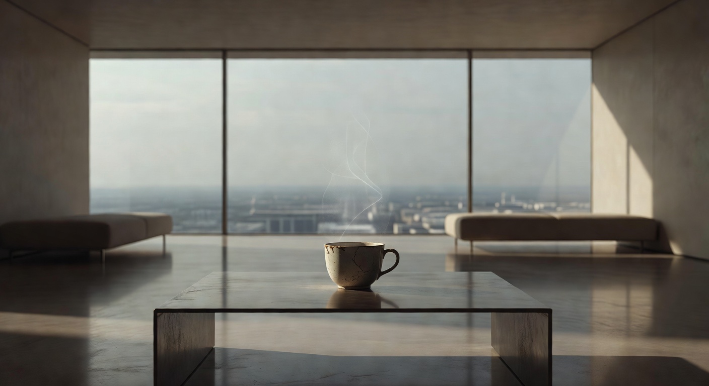 A quiet, empty but beautiful room in 2074. A single worn teacup remains on the table. A faint shimmer suggests a presence that has recently left or changed form.