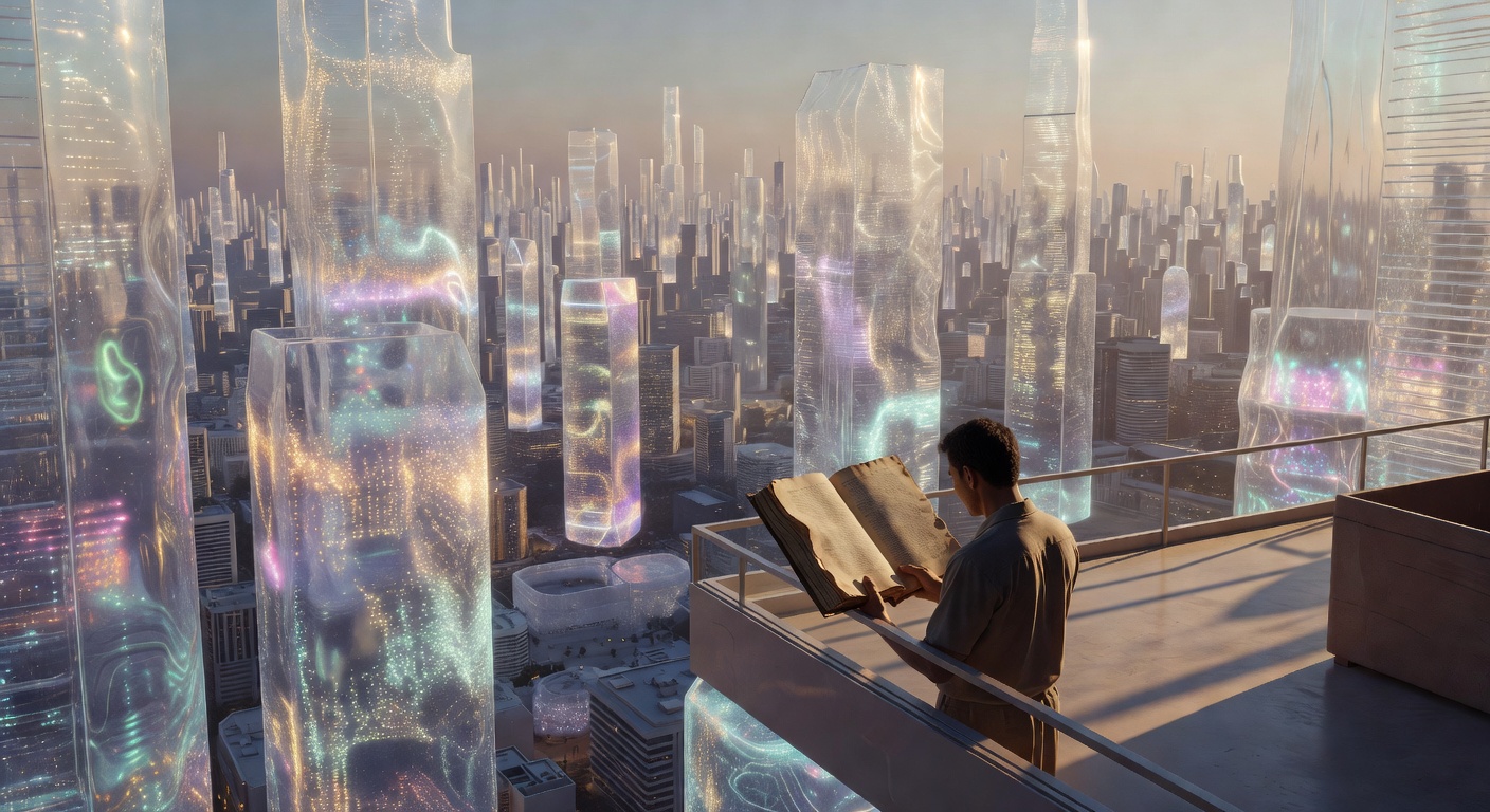 A person reading a physical book on a balcony while an advanced city of light glows behind them, 2065. Choosing friction in a world that offers none.
