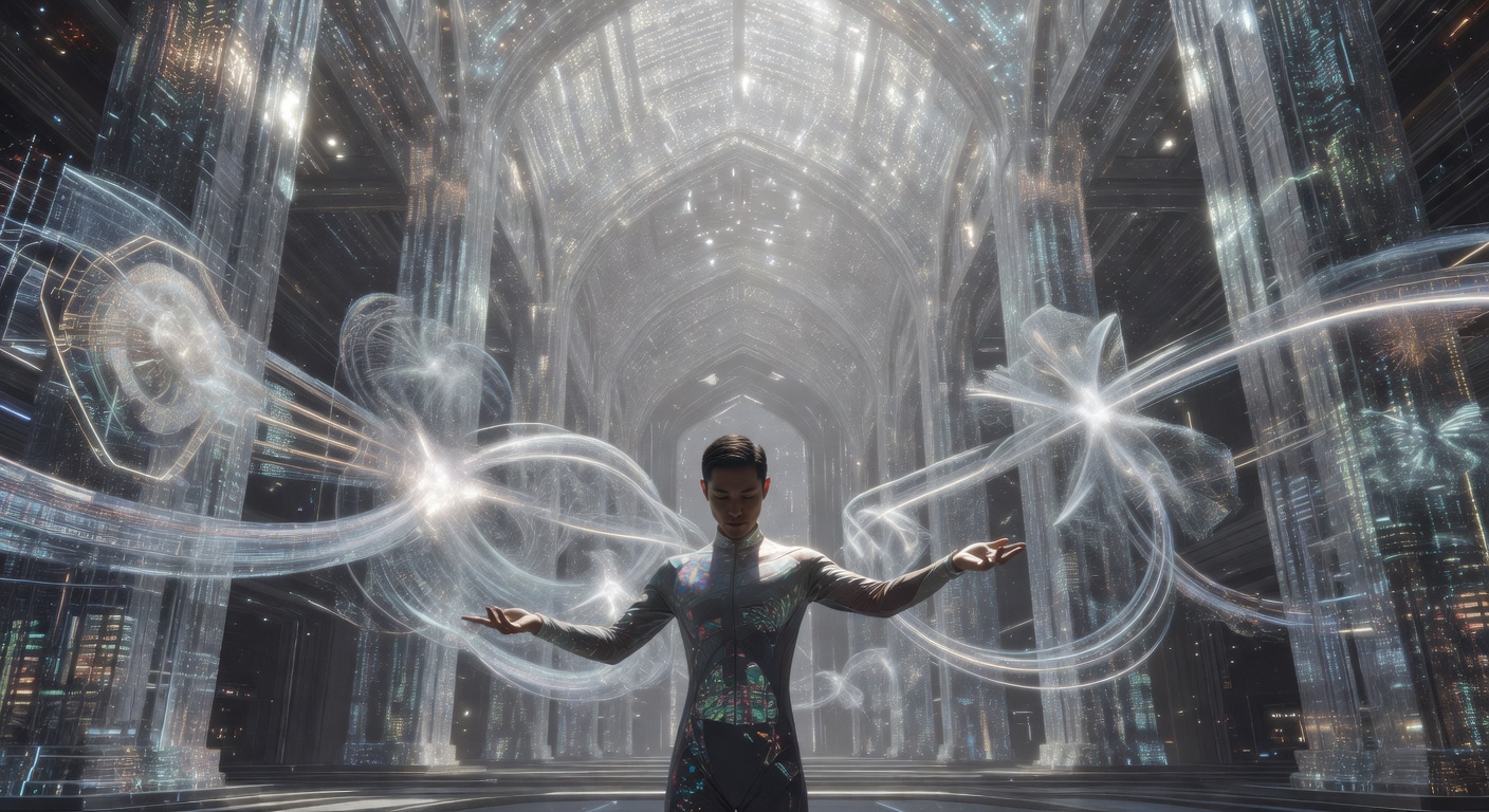 A small human directing enormous systems of light and intelligence from a quiet observation point, 2071. The loneliness of high-leverage steering work.