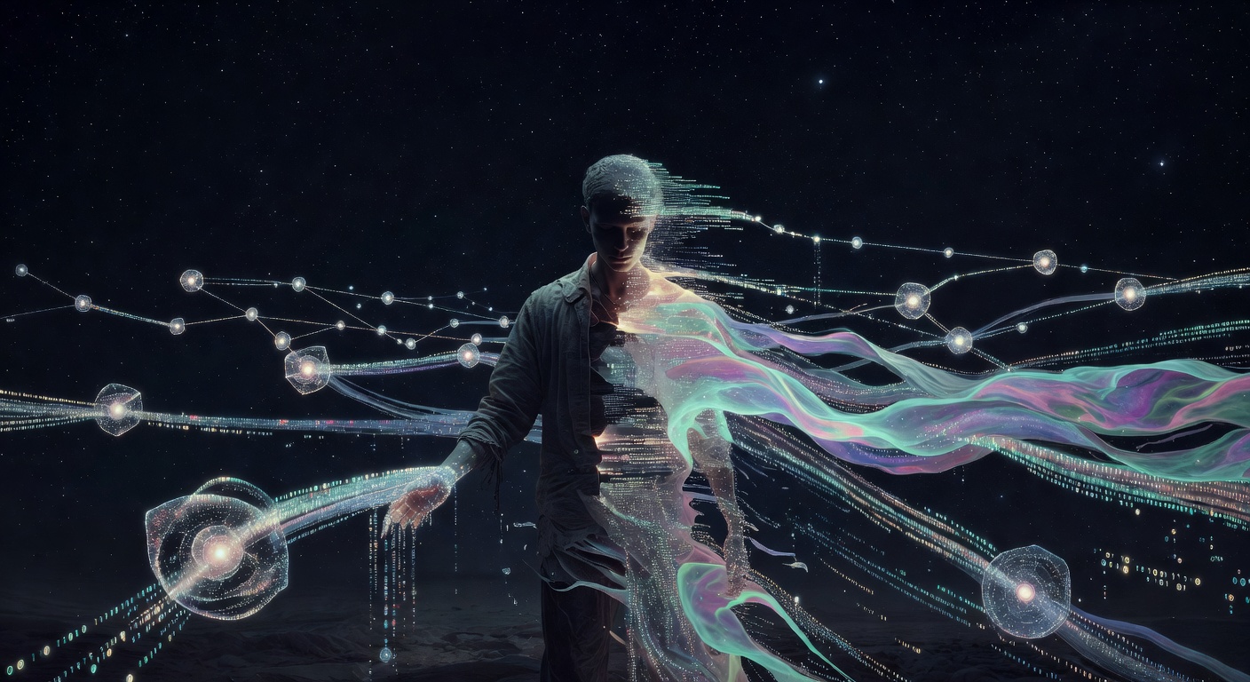 A human figure partially dissolved into streams of light and orbital nodes, 2058. The self becoming plural across substrates.