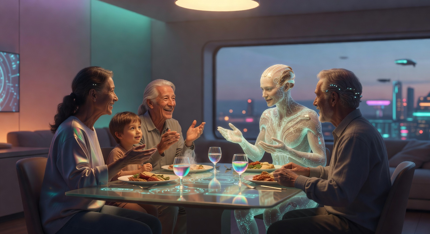 A dinner table in 2063 with mixed biological and post-biological people, some embodied and some projected. The new normal.