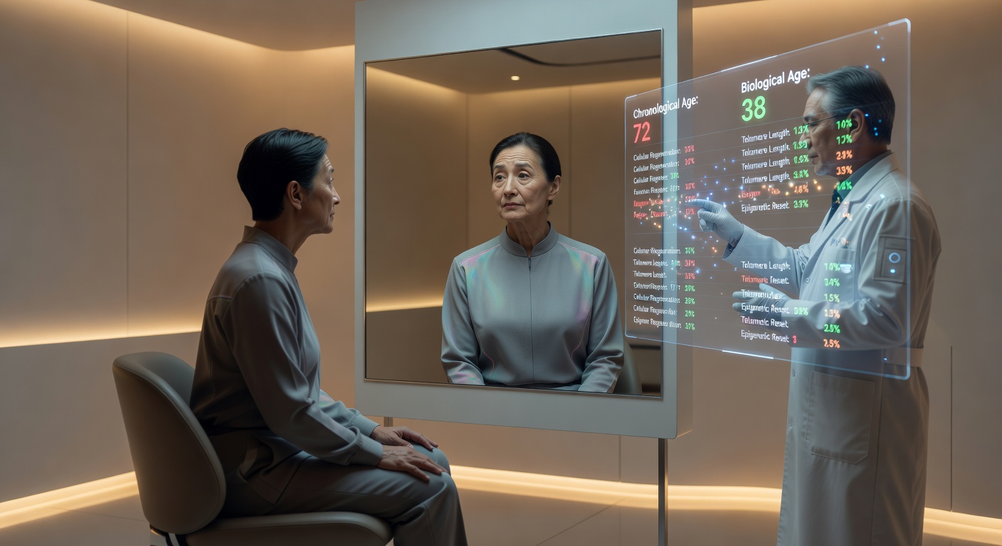 A person in a longevity clinic in 2055 seeing their biological age markers for the first time. The moment biological age and chronological age stop matching.
