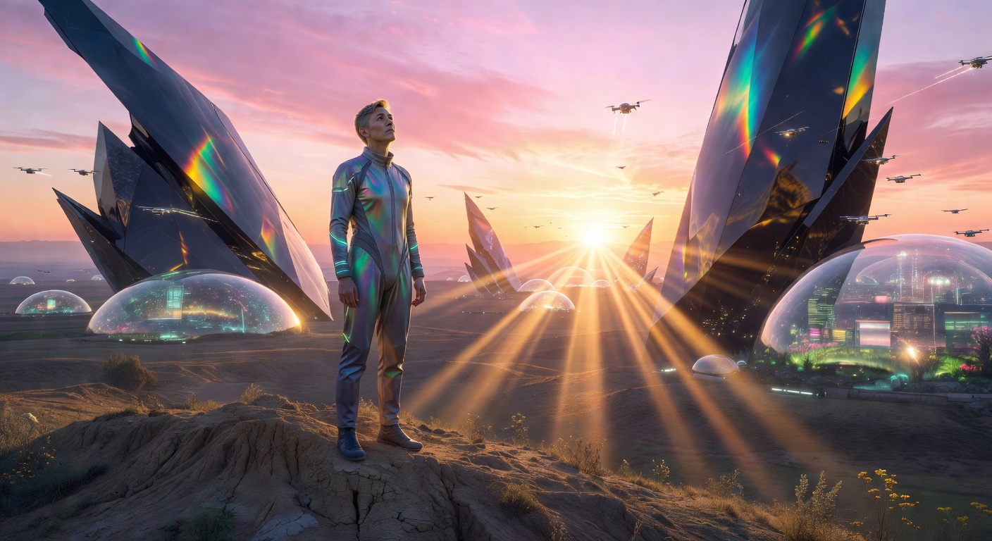 A person looking out over a transformed world at dawn from an orbital habitat, 2075. Continuing.