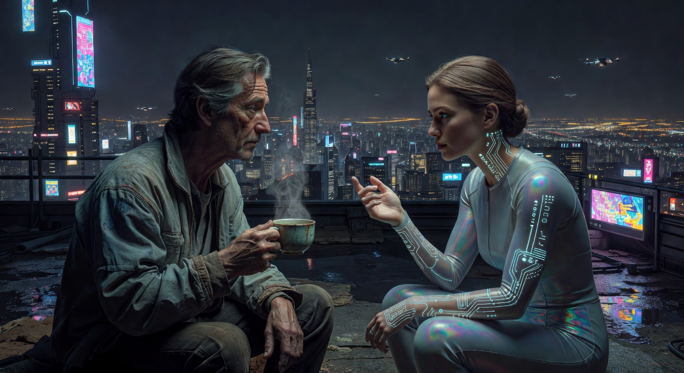Two versions of the same woman, one biologically younger and one older, on a porch in 2072. The experience of becoming plural.