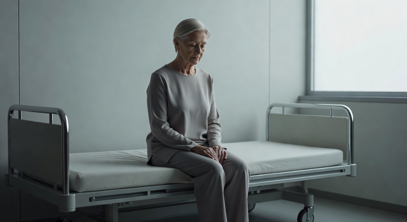 A person in 2064 who has chosen to age at a natural rate and live at human scale, surrounded by the quiet of a deliberately un-augmented home.