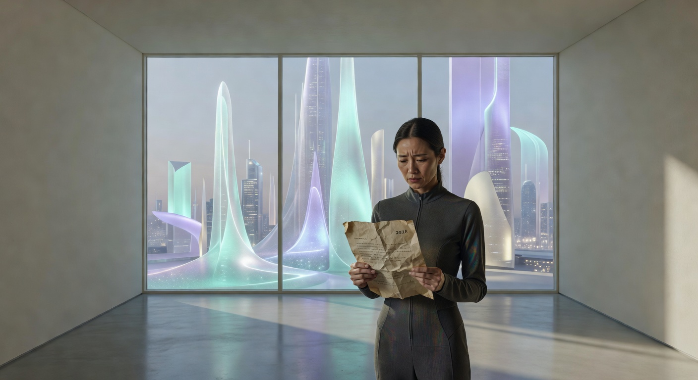 A person in 2060 looking at an old physical photograph and letter from 2028. Memory that refuses to be fully digitized.