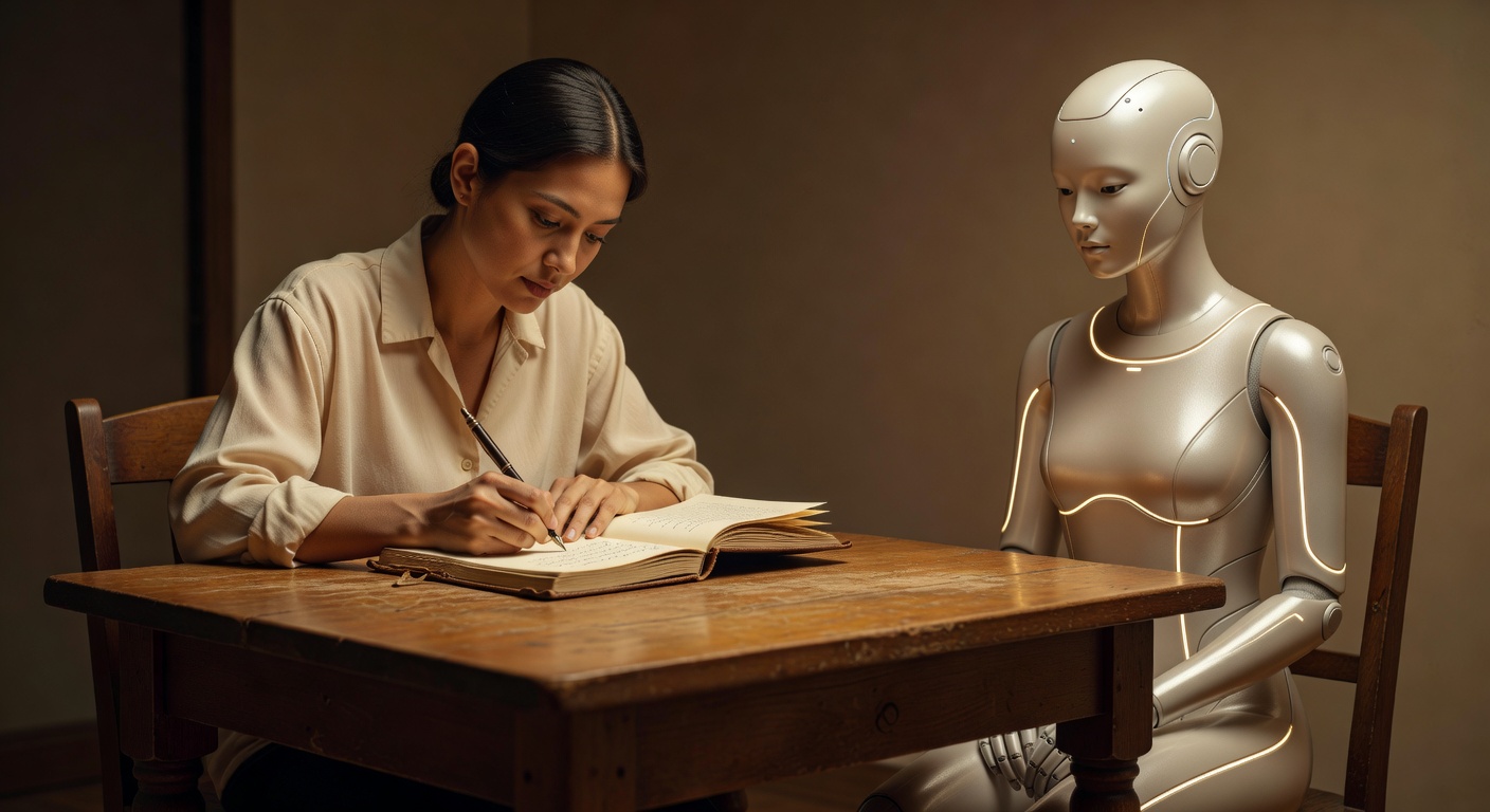 A person writing by hand in 2072, deliberately choosing the friction of ink and paper over digital composition.