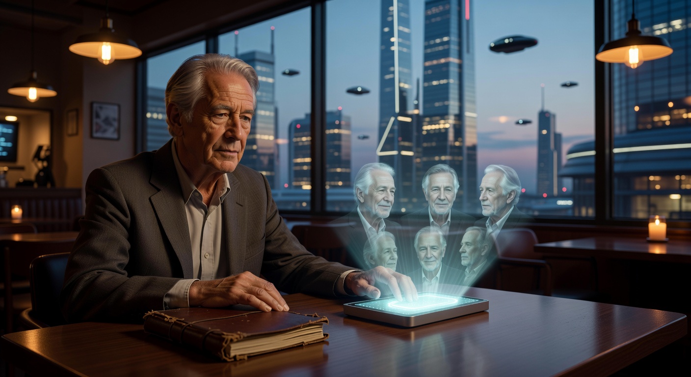 A person at a simple cafe table in 2071, choosing a moment of un-augmented human presence in a world of constant connection.