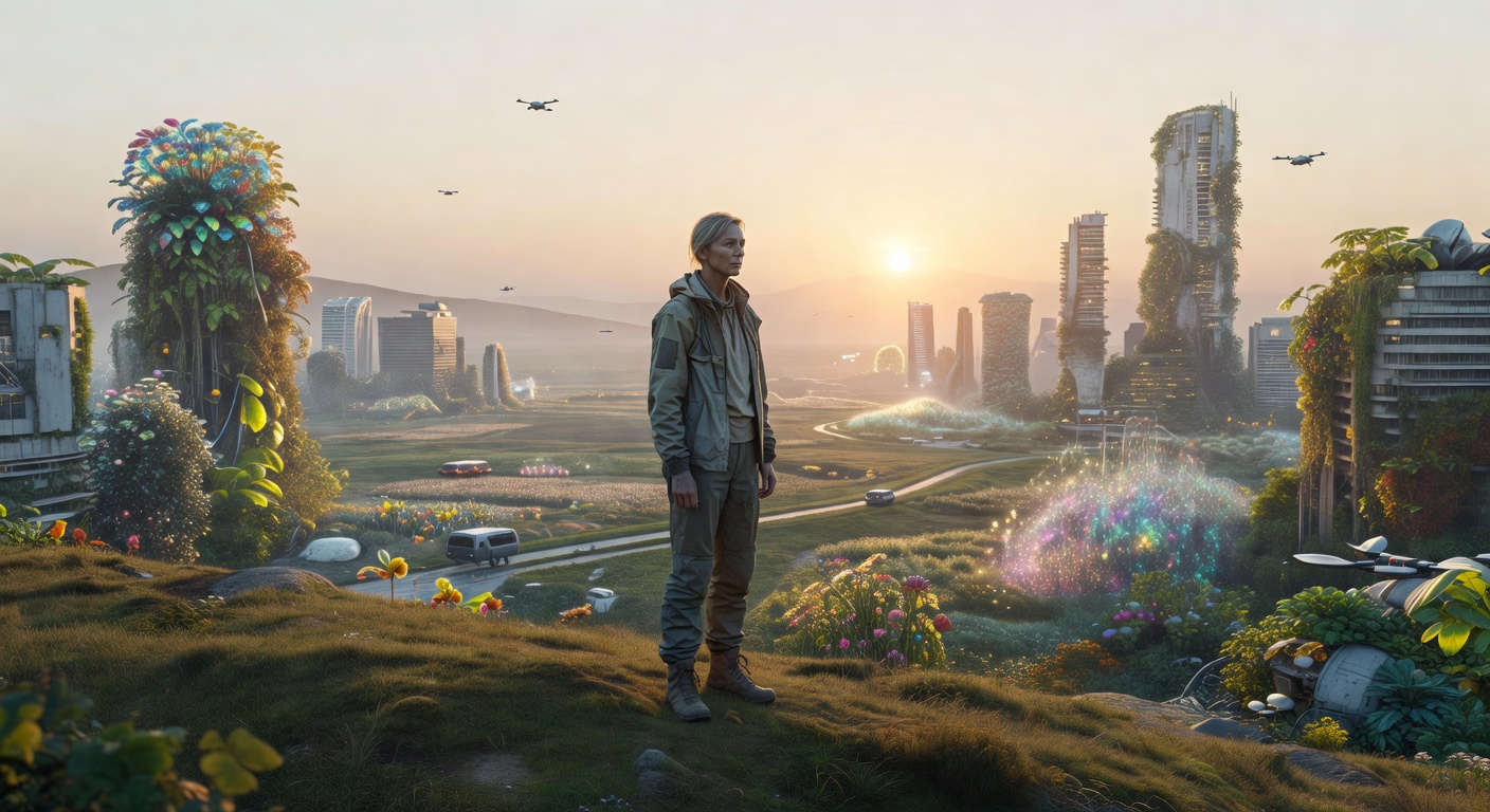 A person on a hill at sunrise in 2075, looking out over a transformed world. The quiet after the acceleration.