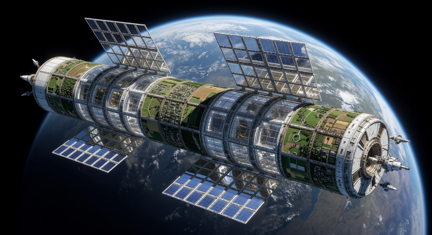 Cinematic view of a massive O'Neill cylinder in Earth orbit, 2085, with large mirrored panels and Earth visible in the background.
