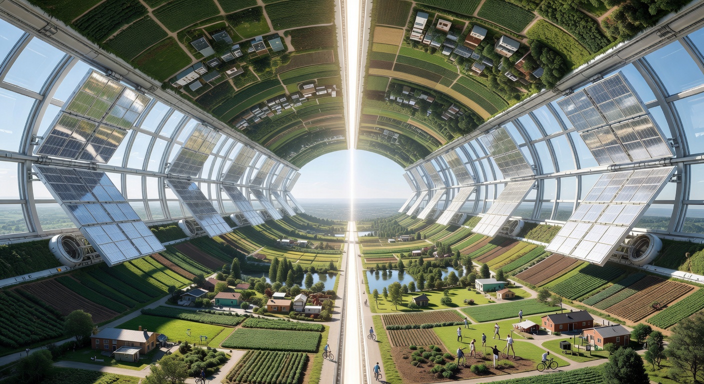 Interior of a large O'Neill colony, 2095, showing the curved landscape with towns, farms, and the central light tube.