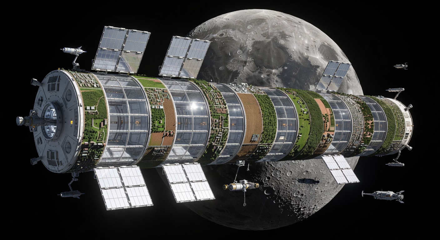 O'Neill cylinder in cislunar space near the Moon, 2088, with construction modules and the Moon providing scale.