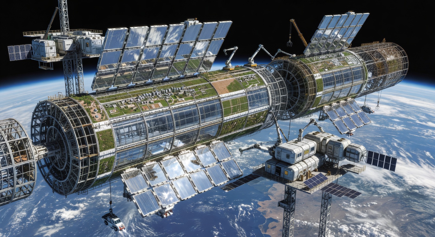 Early construction of an O'Neill cylinder in high Earth orbit, 2078, showing the massive skeletal structure.