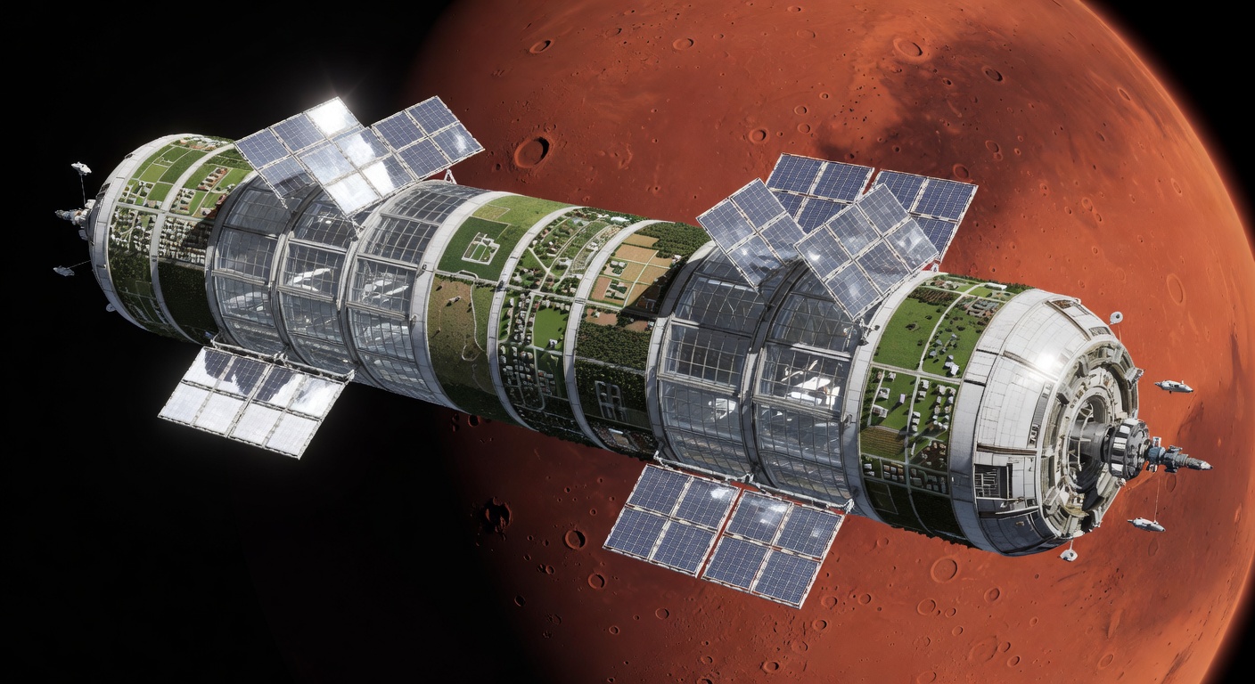O'Neill colony in Mars orbit, 2092, with the reddish Martian surface visible below.