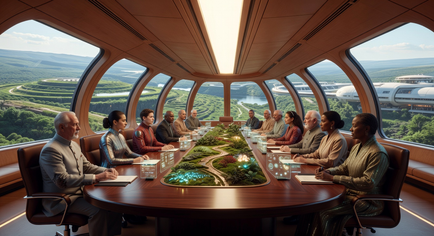 A formal governance council meeting in 2085 inside a mature O'Neill cylinder. Representatives from an orbital habitat, a residual Earth nation, a corporate superintelligent steward, and a Martian settlement negotiate around a curved table with a view of the habitat's green curved landscape and central light tube.