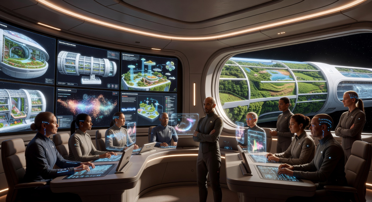 A team of Stewards in 2080 overseeing a superintelligent system in a control room embedded in an orbital habitat. Volumetric projections and light streams show ongoing megaproject designs; the curved green land of the habitat is visible outside.