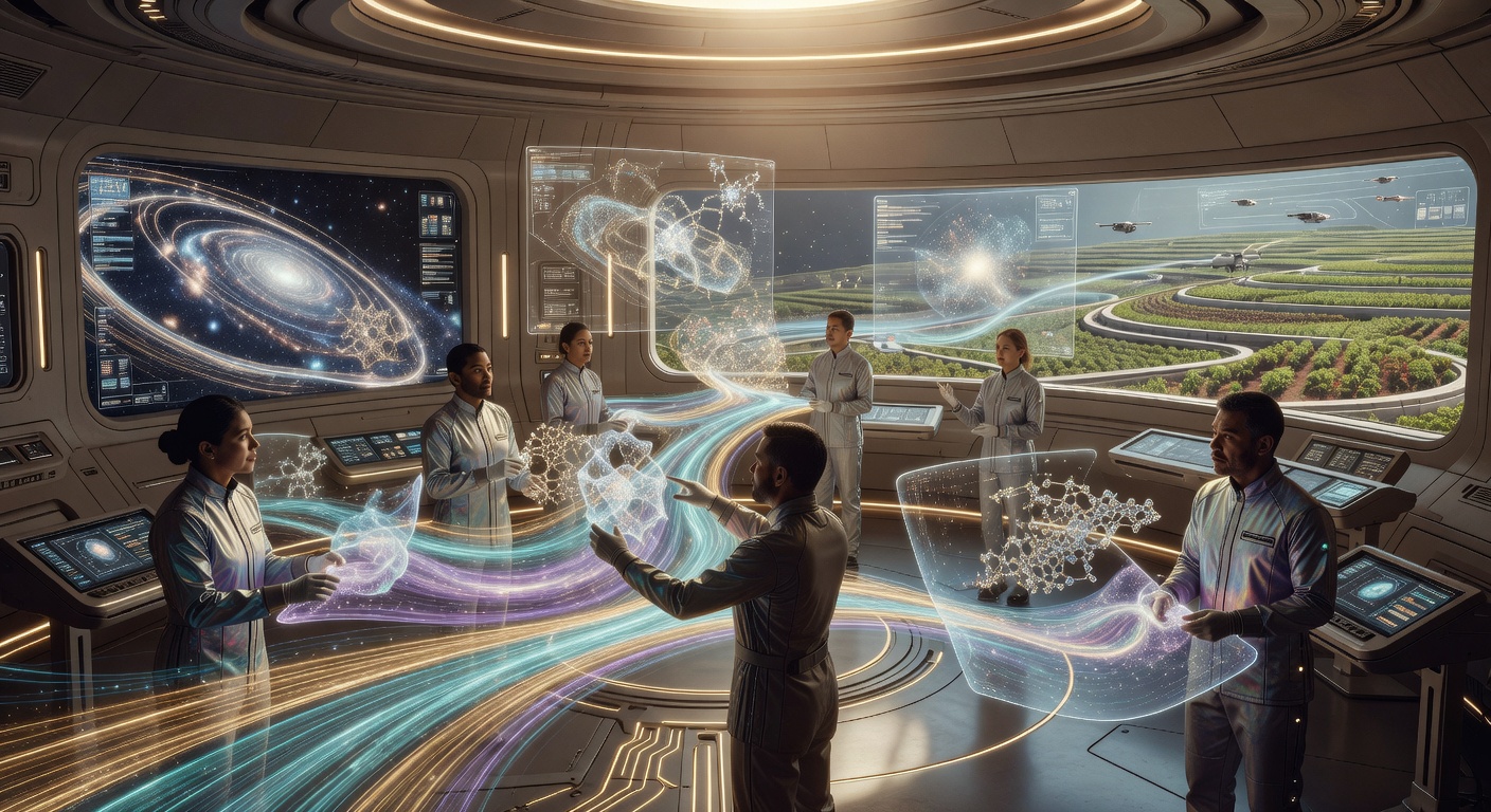 An advanced orbital laboratory in 2088 where humans work alongside vast superintelligent visualization systems. Streams of light and holographic models fill the space; through a long window the curved green land of the habitat is visible under the axial light.