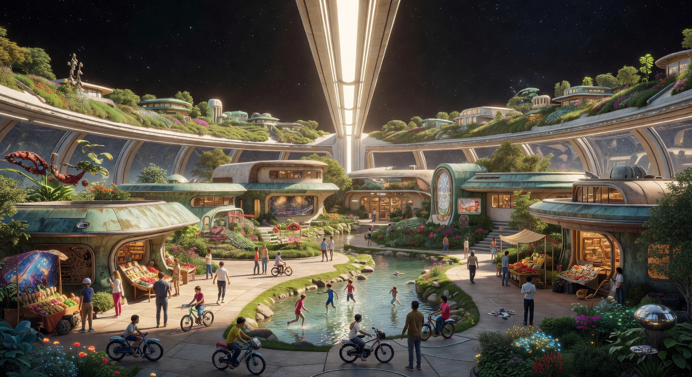 A thriving town square inside a mature O'Neill cylinder in 2092. People gather among low buildings, gardens, and a small waterway while the curved land rises gently on both sides and another green strip with buildings is visible high overhead across the bright central light tube.