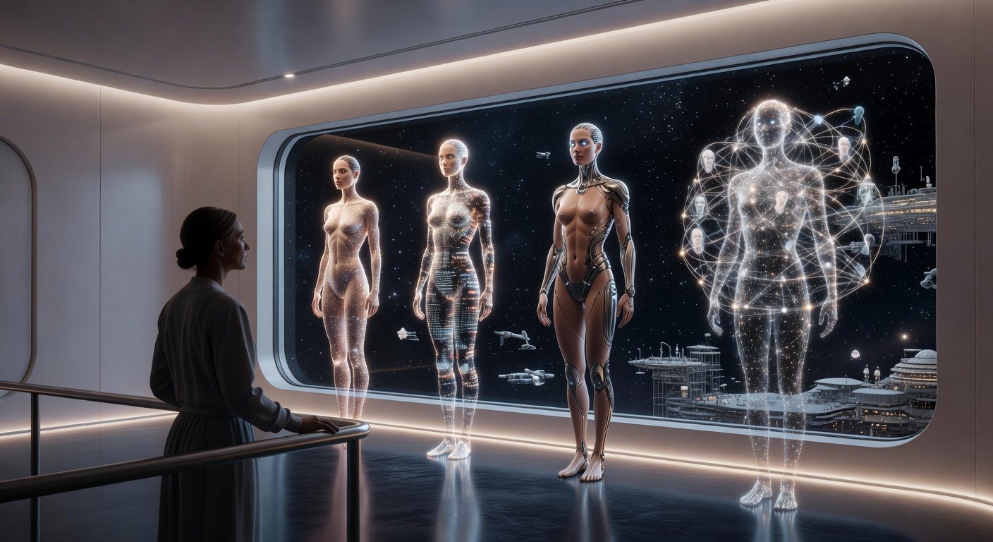 A person in 2118 at a serene advanced facility making a major substrate or life-architecture choice. Multiple possible future selves — biological, synthetic, hybrid, and collective — are presented as elegant light forms against a starfield.